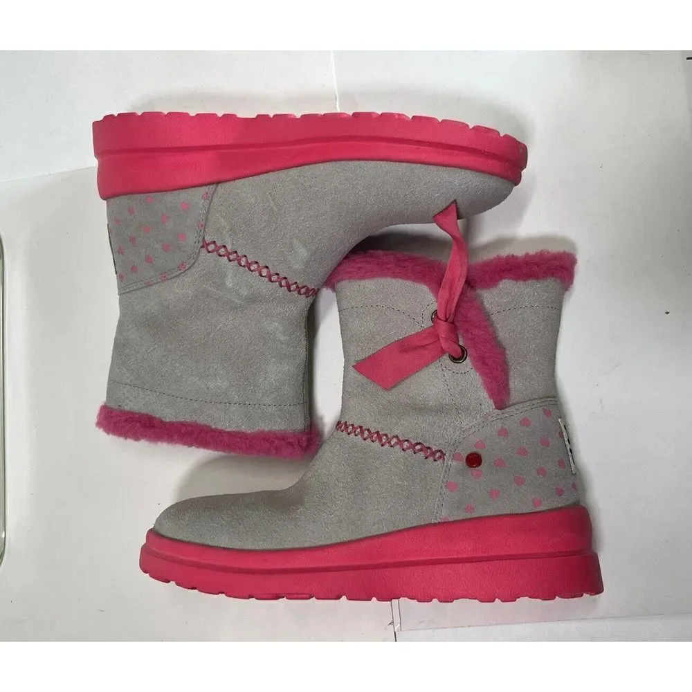 UGG Girls Knotty Boots Size 4 Youth Gray Suede Pink‎ Shearing Bow I heart